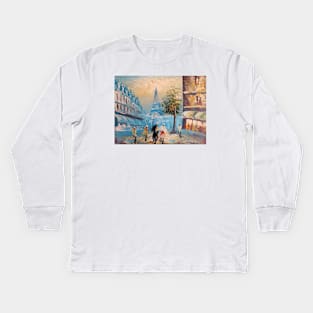 Paris Eiffel Tower, France, Oil Painting on Canvas of Street View with People Kids Long Sleeve T-Shirt